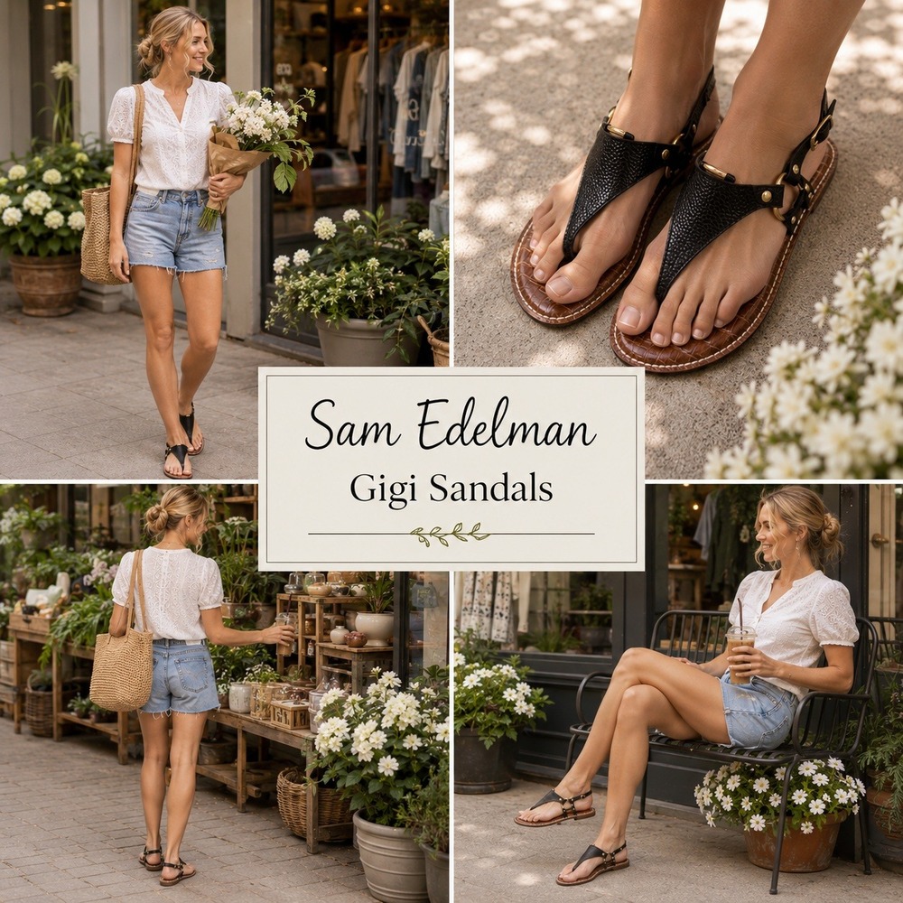 Sam Edelman Gigi Black Leather Croc Embossed Thong Sandals Gold Hardware Size 7